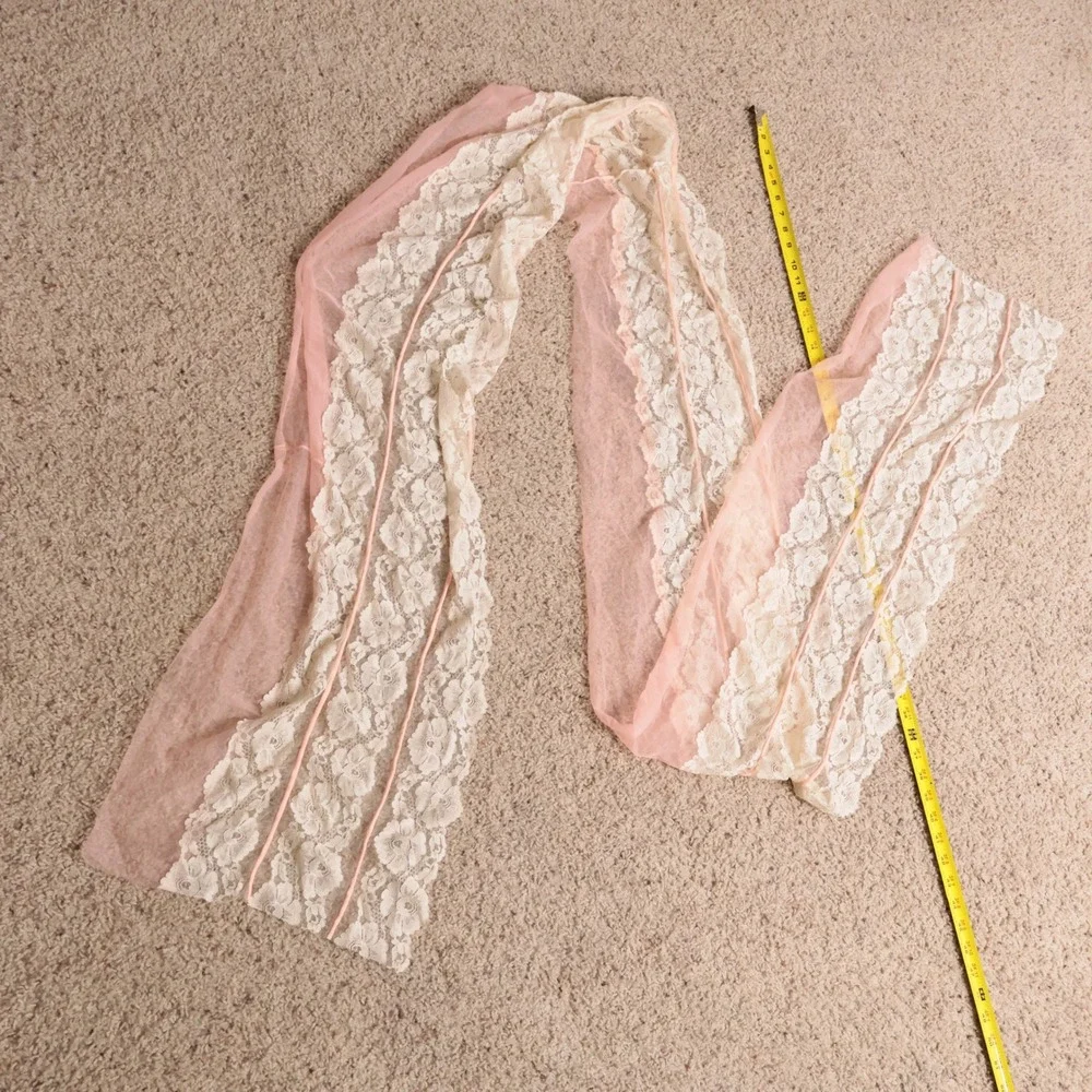 Vintage Style Pink Sheer Tulle and Cream Floral Lace Long Wrap Scarf 121 Inch